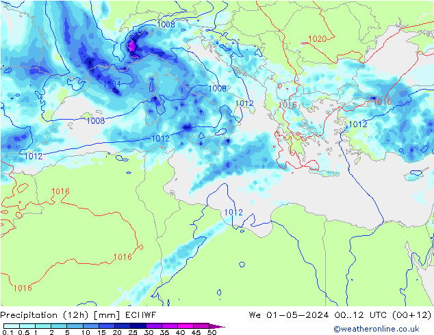 Totale neerslag (12h) ECMWF wo 01.05.2024 12 UTC