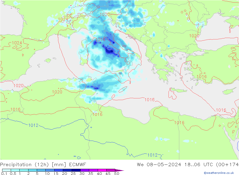 Precipitation (12h) ECMWF We 08.05.2024 06 UTC