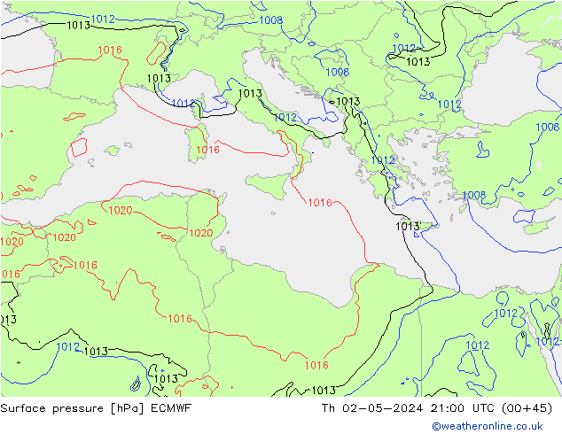 Surface pressure ECMWF Th 02.05.2024 21 UTC