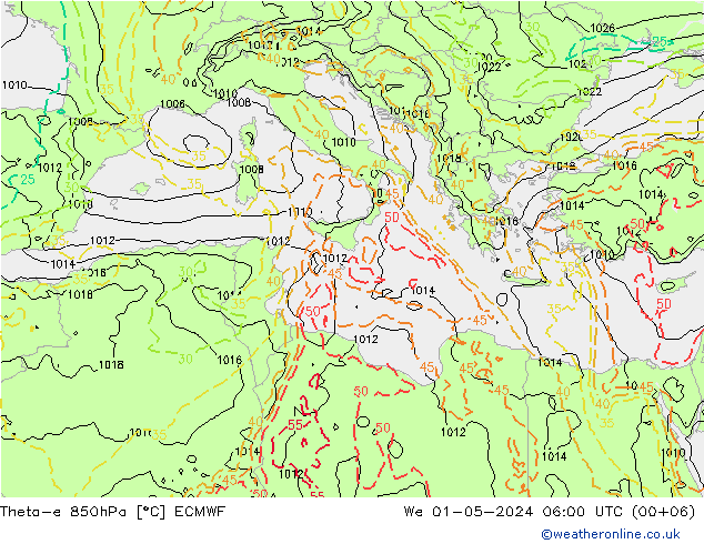 Theta-e 850hPa ECMWF wo 01.05.2024 06 UTC