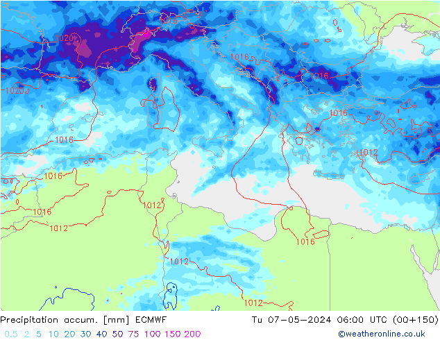 Precipitation accum. ECMWF Út 07.05.2024 06 UTC