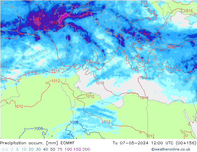 Precipitation accum. ECMWF Tu 07.05.2024 12 UTC