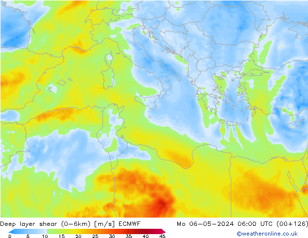 Deep layer shear (0-6km) ECMWF  06.05.2024 06 UTC