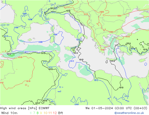High wind areas ECMWF We 01.05.2024 03 UTC