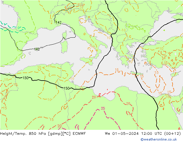 Height/Temp. 850 hPa ECMWF  01.05.2024 12 UTC