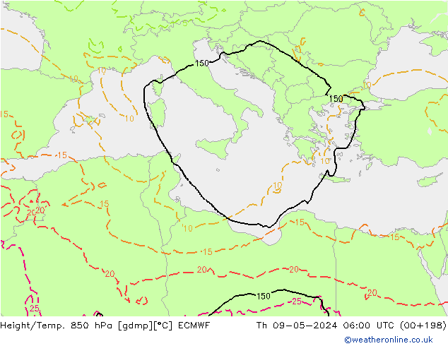 Yükseklik/Sıc. 850 hPa ECMWF Per 09.05.2024 06 UTC