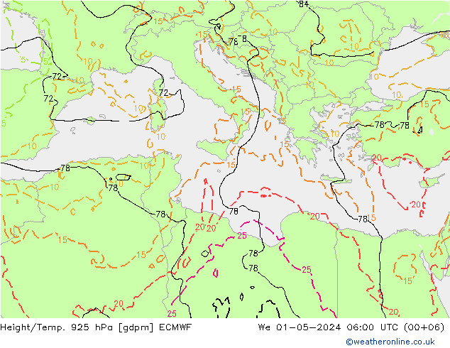 Hoogte/Temp. 925 hPa ECMWF wo 01.05.2024 06 UTC