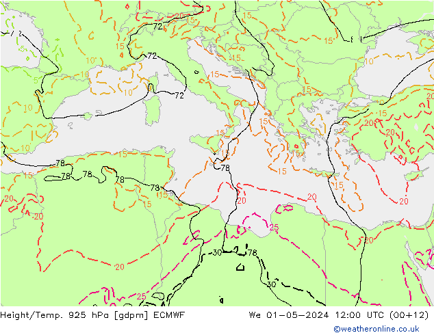 Height/Temp. 925 hPa ECMWF Qua 01.05.2024 12 UTC