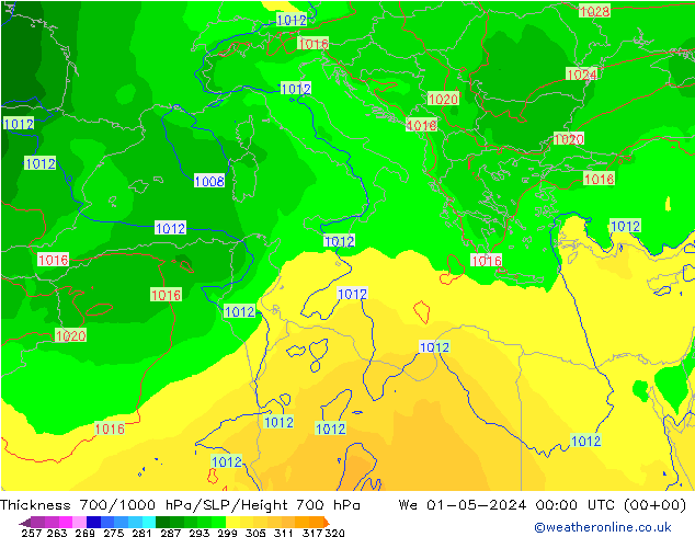 Thck 700-1000 hPa ECMWF  01.05.2024 00 UTC