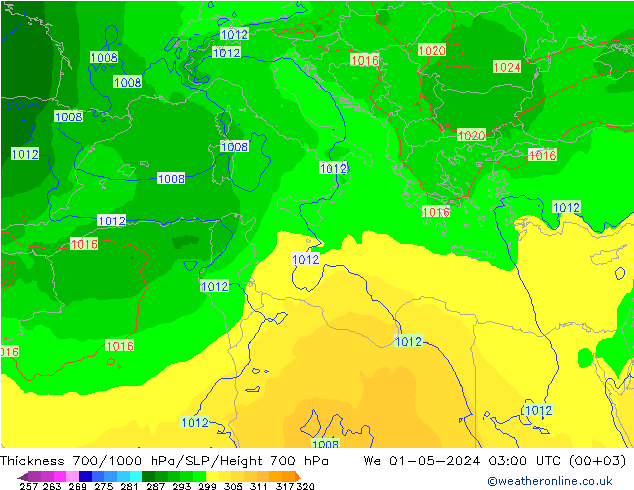 Thck 700-1000 hPa ECMWF mer 01.05.2024 03 UTC