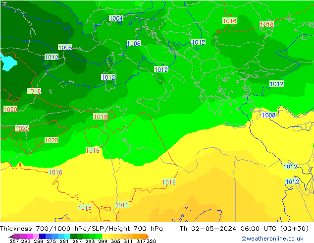 Thck 700-1000 hPa ECMWF gio 02.05.2024 06 UTC