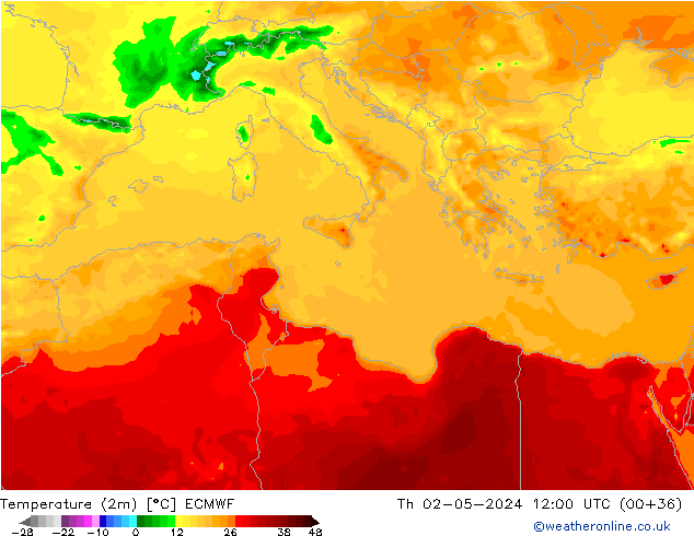 Temperatura (2m) ECMWF jue 02.05.2024 12 UTC