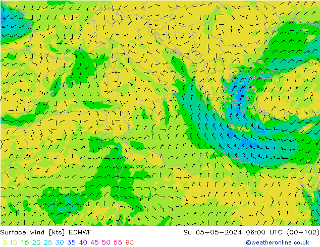 wiatr 10 m ECMWF nie. 05.05.2024 06 UTC