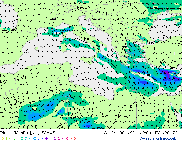 wiatr 950 hPa ECMWF so. 04.05.2024 00 UTC