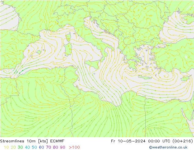 Linia prądu 10m ECMWF pt. 10.05.2024 00 UTC