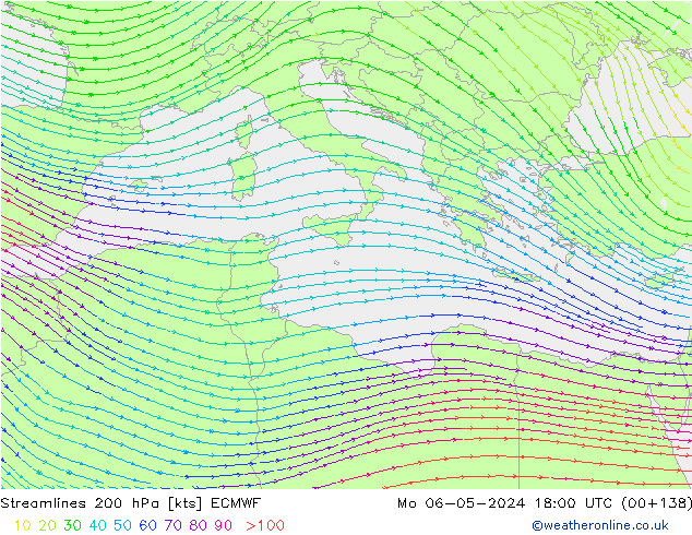 Linea di flusso 200 hPa ECMWF lun 06.05.2024 18 UTC