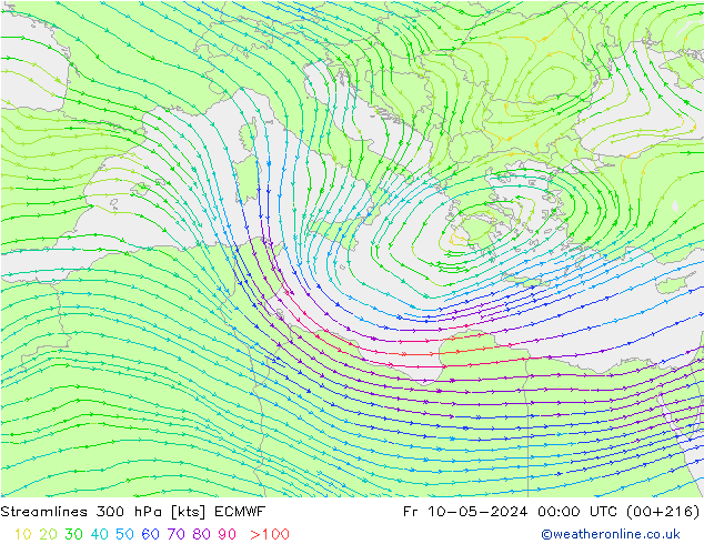 Linia prądu 300 hPa ECMWF pt. 10.05.2024 00 UTC