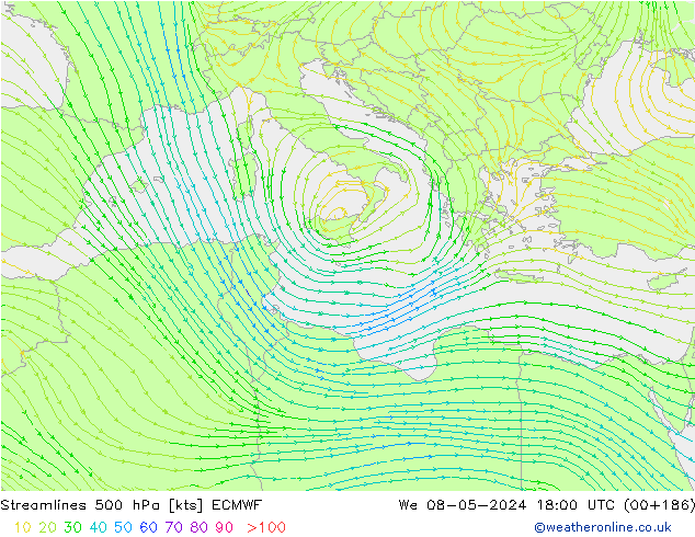 Linia prądu 500 hPa ECMWF śro. 08.05.2024 18 UTC