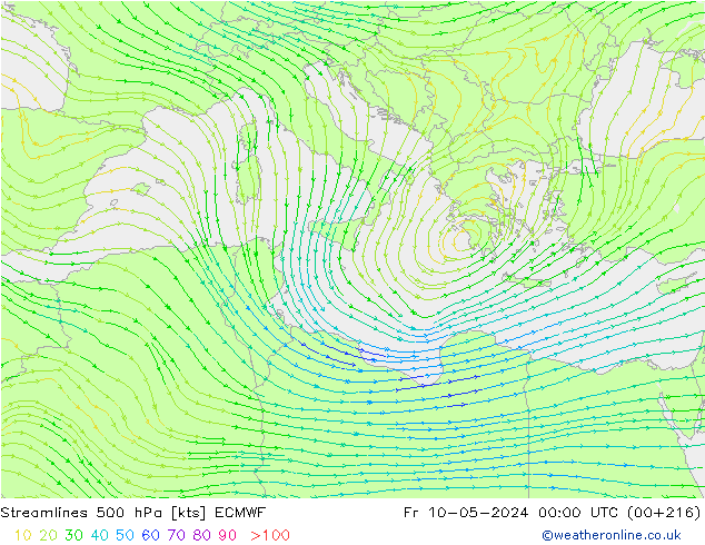 Linia prądu 500 hPa ECMWF pt. 10.05.2024 00 UTC