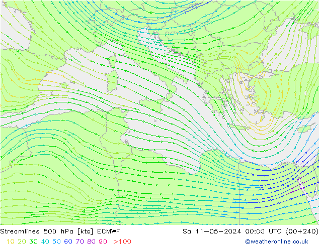 Línea de corriente 500 hPa ECMWF sáb 11.05.2024 00 UTC