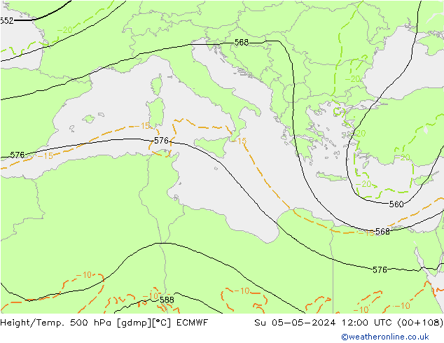 Z500/Rain (+SLP)/Z850 ECMWF Su 05.05.2024 12 UTC