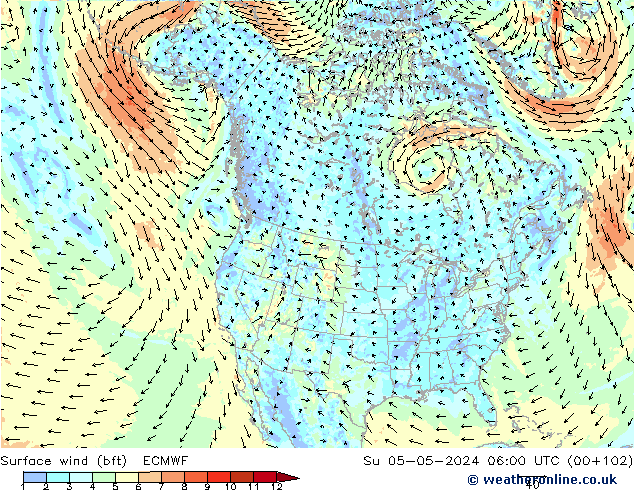 Vento 10 m (bft) ECMWF Dom 05.05.2024 06 UTC