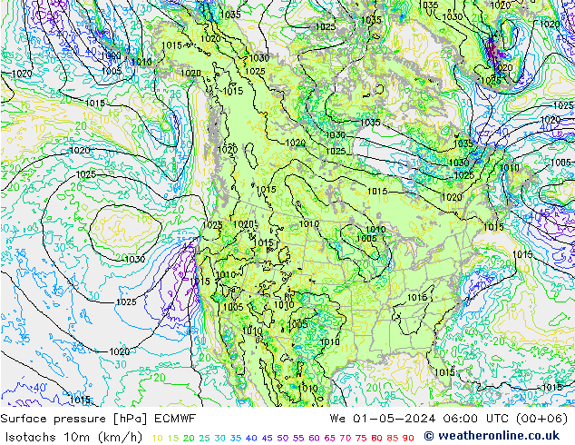 Isotachs (kph) ECMWF We 01.05.2024 06 UTC