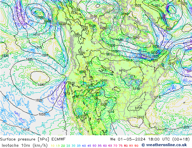 Isotaca (kph) ECMWF mié 01.05.2024 18 UTC