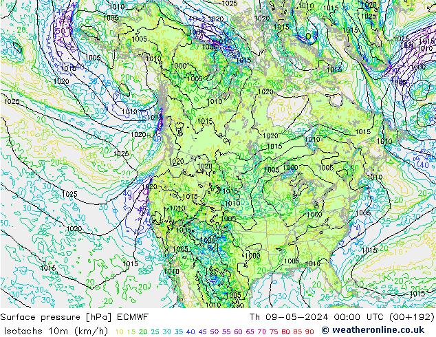 Isotachs (kph) ECMWF Th 09.05.2024 00 UTC