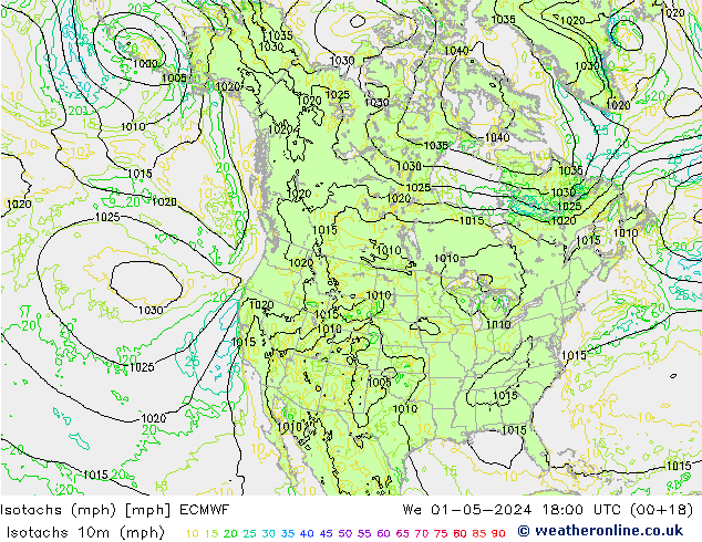 Isotachs (mph) ECMWF mer 01.05.2024 18 UTC