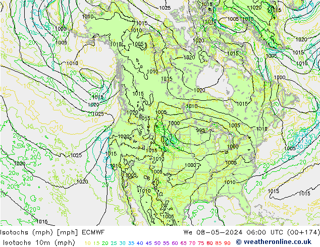 Isotachen (mph) ECMWF wo 08.05.2024 06 UTC