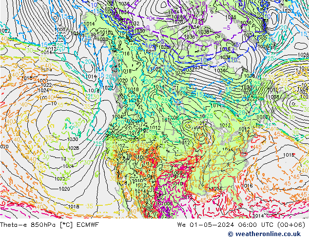 Theta-e 850hPa ECMWF Qua 01.05.2024 06 UTC