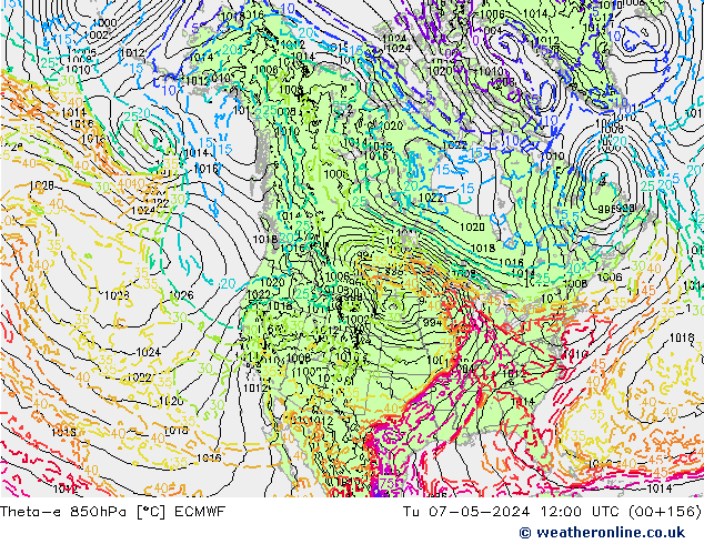 Theta-e 850hPa ECMWF Tu 07.05.2024 12 UTC