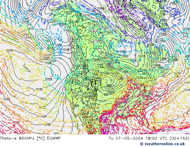 Theta-e 850hPa ECMWF Út 07.05.2024 18 UTC