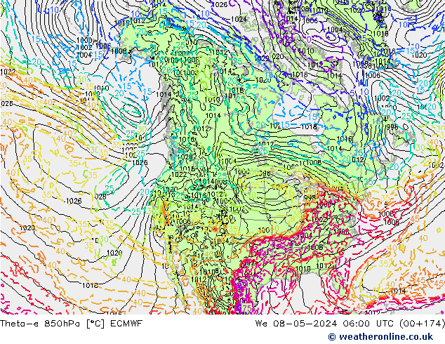 Theta-e 850hPa ECMWF mer 08.05.2024 06 UTC