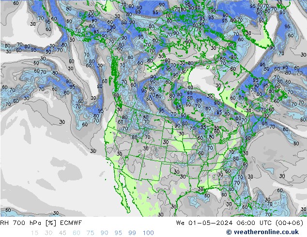 RH 700 hPa ECMWF Qua 01.05.2024 06 UTC