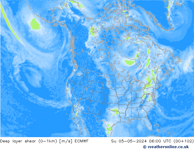 Deep layer shear (0-1km) ECMWF Dom 05.05.2024 06 UTC