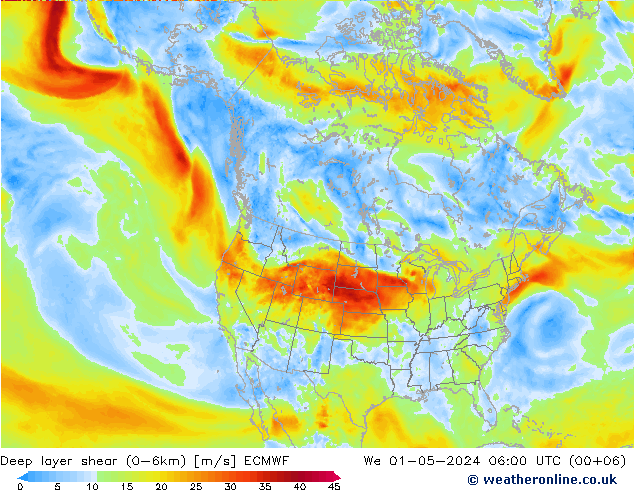 Deep layer shear (0-6km) ECMWF Mi 01.05.2024 06 UTC