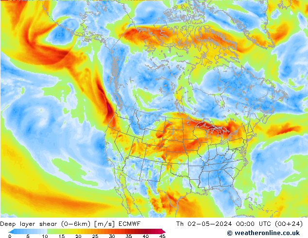 Deep layer shear (0-6km) ECMWF чт 02.05.2024 00 UTC