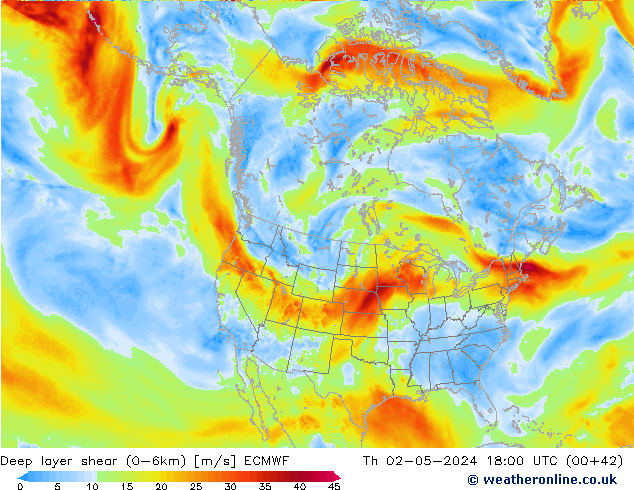 Deep layer shear (0-6km) ECMWF Th 02.05.2024 18 UTC