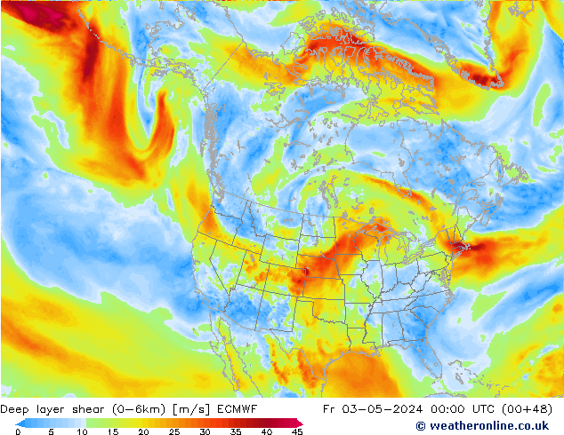 Deep layer shear (0-6km) ECMWF Fr 03.05.2024 00 UTC