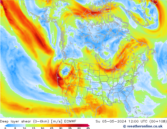 Deep layer shear (0-6km) ECMWF Su 05.05.2024 12 UTC