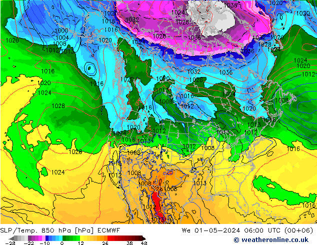 SLP/Temp. 850 hPa ECMWF Mi 01.05.2024 06 UTC