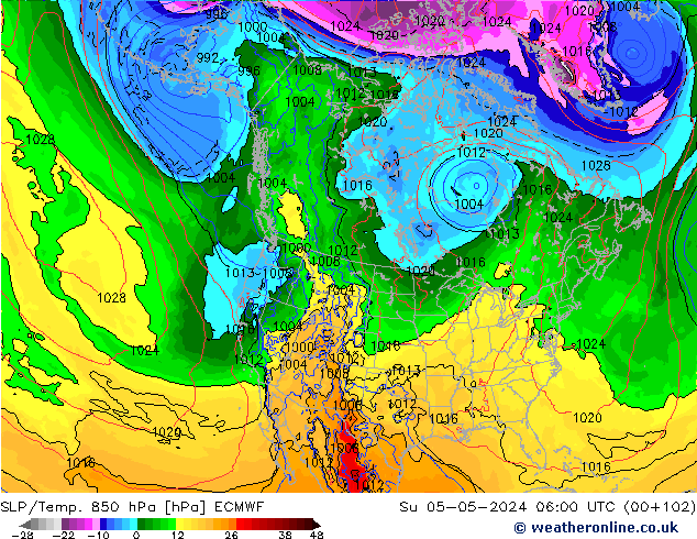 SLP/Temp. 850 hPa ECMWF Dom 05.05.2024 06 UTC