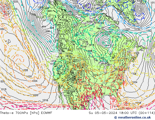 Theta-e 700hPa ECMWF Su 05.05.2024 18 UTC