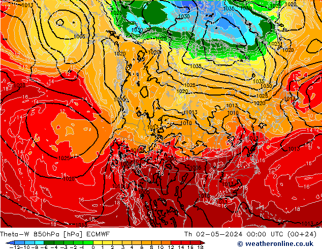 Theta-W 850гПа ECMWF чт 02.05.2024 00 UTC