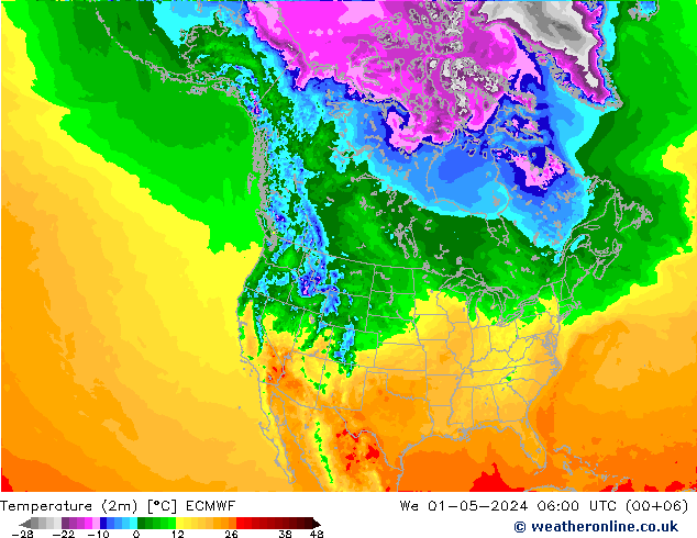 mapa temperatury (2m) ECMWF śro. 01.05.2024 06 UTC