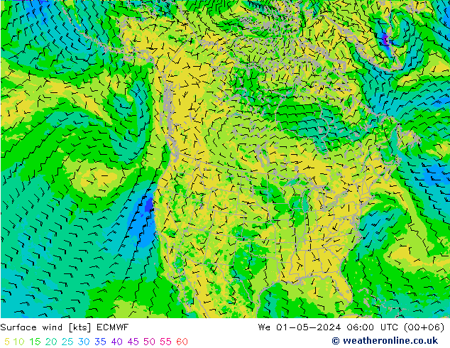 Vento 10 m ECMWF Qua 01.05.2024 06 UTC