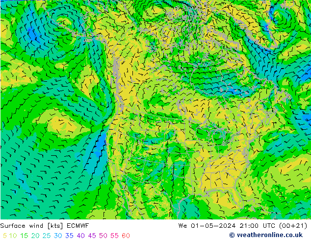 Bodenwind ECMWF Mi 01.05.2024 21 UTC