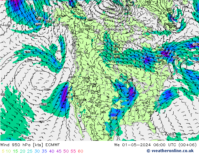 Vento 950 hPa ECMWF mer 01.05.2024 06 UTC